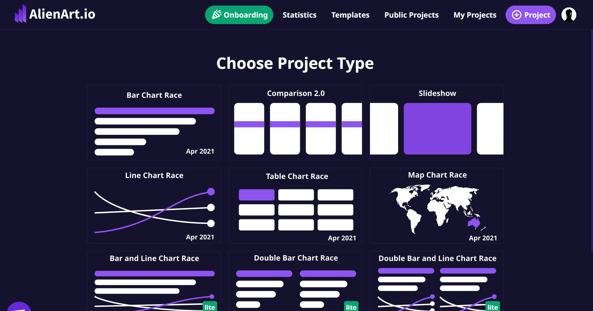 The Choose Project Type screen in Alien Art, with Bar Chart Race as the first option