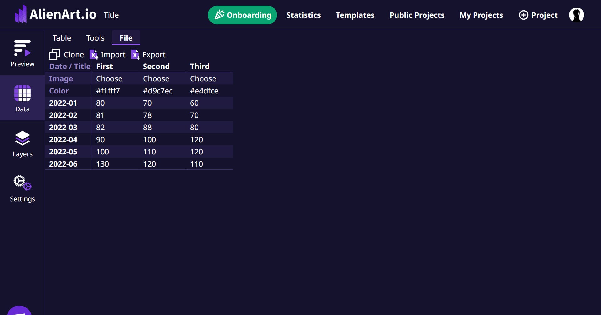The Data tab in Alien Art showing the File menu with Import, and the Image and Color header rows above the dated value rows