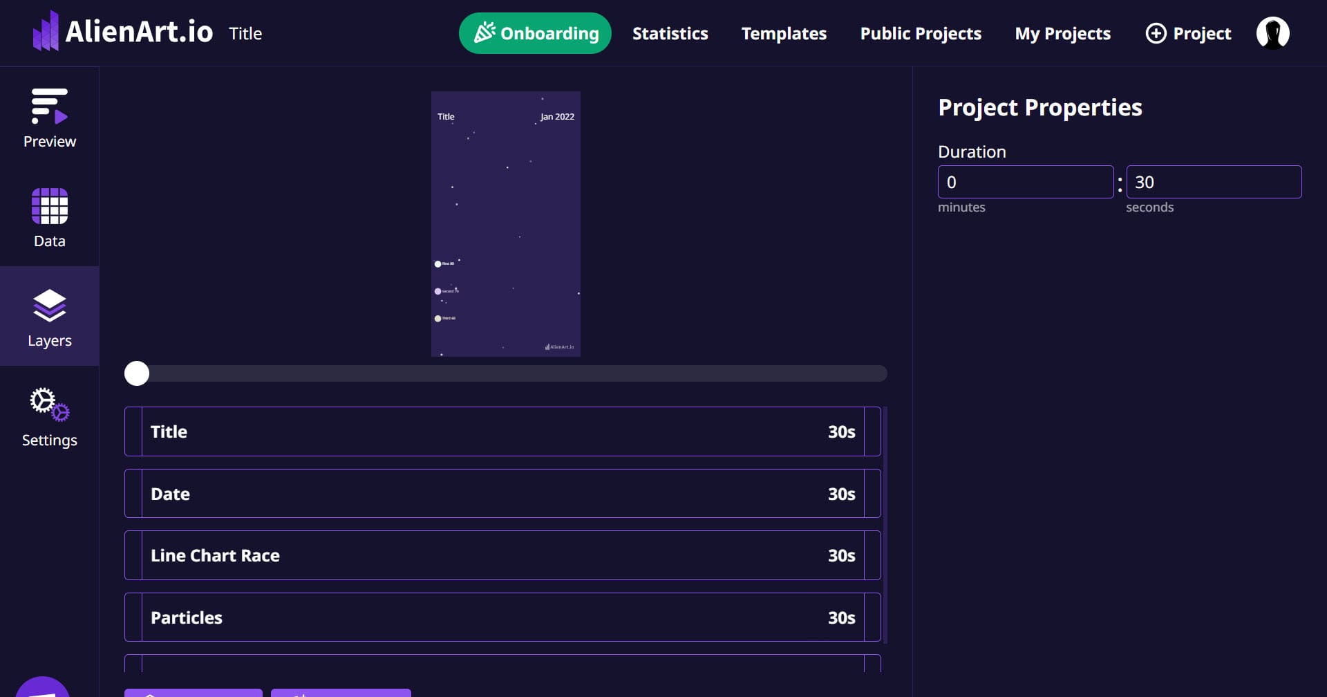 The Layers page in Alien Art listing Title, Date, chart and Particles layers with the project preview above